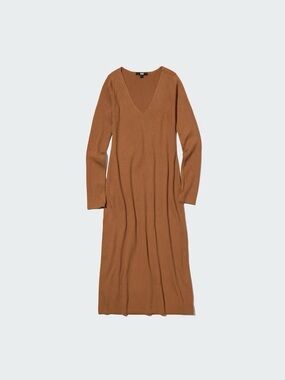 Merino Blend Ribbed V-Neck Long Sleeve Dress - Camel